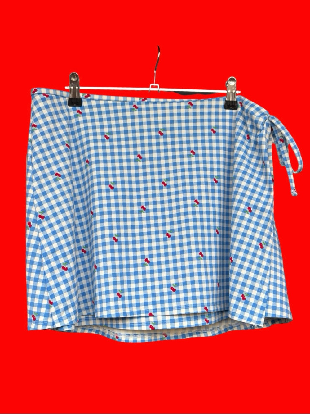 all in motion Blue & White Gingham Mini Skirt with Red Cherry Embroidery